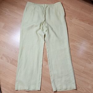 Easy Spirit 100% Linen Green Yellow Drawstring Wide Leg Straight Pants Size 10